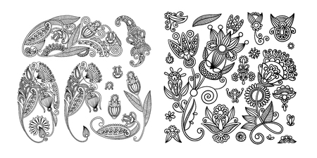 Set of black line floral design elements in henna style illustration.のイラスト素材