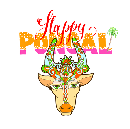 happy pongal hand lettering text with decorative cow head.のイラスト素材