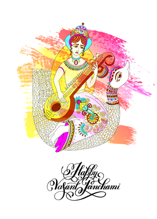 Vasant Panchami - greeting card to indian holiday with goddess Sのイラスト素材