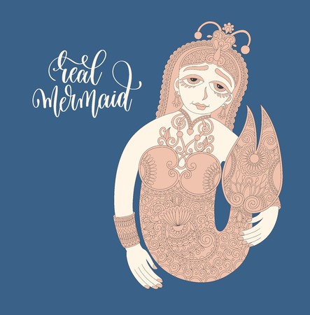 line art hand drawing of mermaid with hand lettering inscriptionのイラスト素材