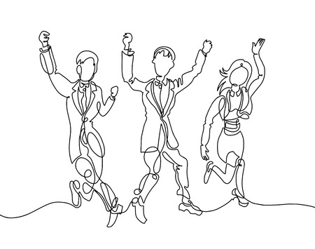 Line drawing of three happy people - two men and one girl happily.のイラスト素材