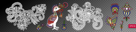 set of paisley flower and bird design isolatedのイラスト素材