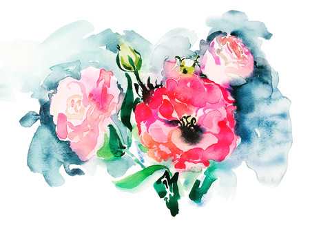 handmade watercolor painting of pink roses, beautiful artworkの写真素材