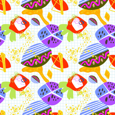 modern trendy seamless pattern, abstract bright elements on gridのイラスト素材