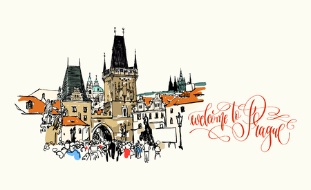 welcome to Prague - travel card with Charles Bridge tower in Prague sketch drawing, Czech Republic, vector illustrationのイラスト素材