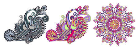 set of original hand draw line art ornate flower design. Ukrainian traditional style, vector illustrationのイラスト素材