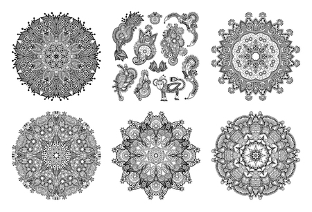 set of circle lace ornament, round ornamental geometric doily pattern in indian kalamkari style, black and white collectionのイラスト素材