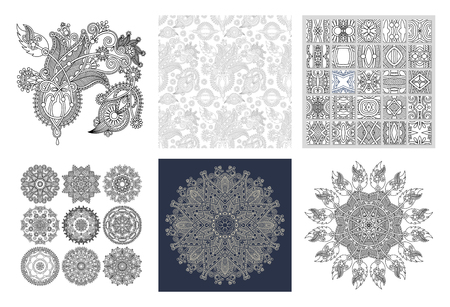 set of original hand draw line art ornate flower design. Indian Kalamkari traditional style, vector illustrationのイラスト素材