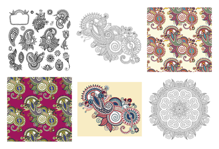 collection of seamless decorative ethnic ornamental floral pattern, circle lace and bandanna embroidery fashion in indian kalamkari style, vector illustration setのイラスト素材