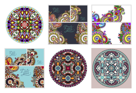 set of floral decorative background, template frame design for card, brochure, book, business card, postcard, wedding invitation, banner in indian kalamkari style, vector illustration collectionのイラスト素材