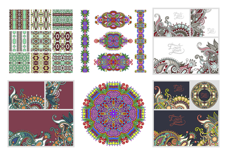 set of floral decorative background, template frame design for card, brochure, book, business card, postcard, wedding invitation, banner in indian kalamkari style, vector illustration collectionのイラスト素材