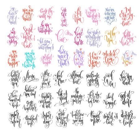set of 50 hand lettering inscription text to valentines day design and motivation and inspiration positive quotes, vector illustration collectionのイラスト素材