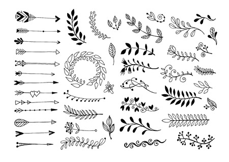 set of hand drawing page dividers borders and arrow, doodle floral design elements, vector illustration collection