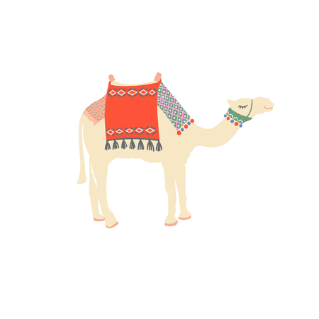egyptian camel decorated with bright carpets and ornaments in minimalistic hand drawing style, vector illustrationのイラスト素材