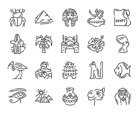 set of 20 flat icons of Egypt culture, design elements isolated on white for web site, app and travel card, vector illustration collectionのイラスト素材
