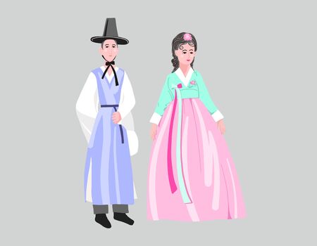couple in traditional korean dresses, wear korean hanbok costumeのイラスト素材