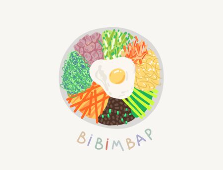 doodle flat vector illustration of bibimbap - traditional food of South Koreaのイラスト素材