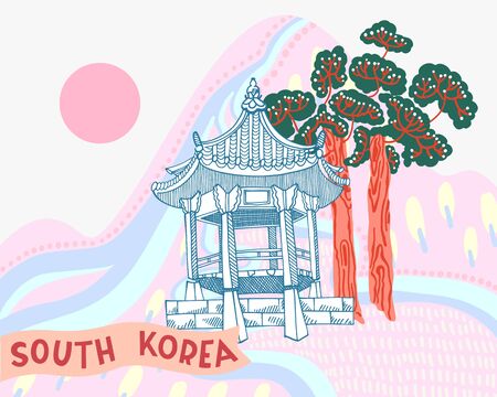 illustration of korean landscape with building, trees, mountain, pink sun and hand lettering inscription - South Koreaのイラスト素材