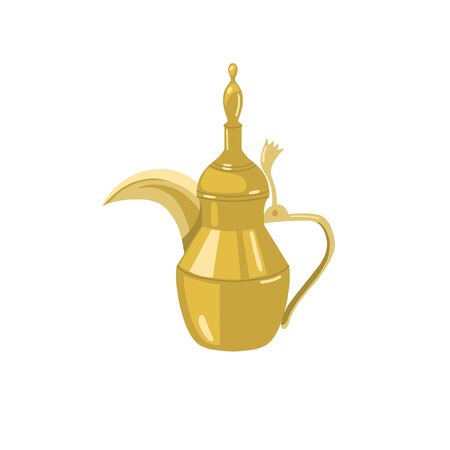dallah - traditional golden arabic teapot, metal pot with a long spout, icon in flat cartoon style isolated on a white background, vector illustrationのイラスト素材