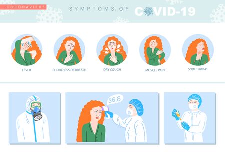 symptoms of covid-19 coronavirus, 2019-nCoV alert, set of isolated vector illustrationのイラスト素材