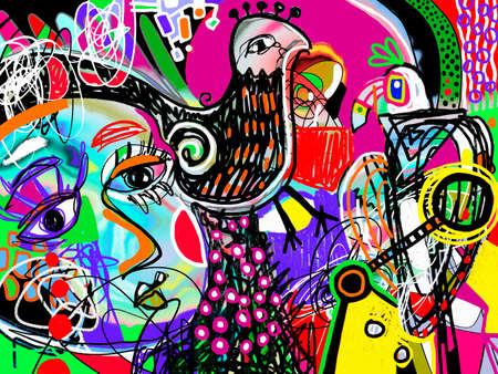 Contemporary digital modern art. Abstract composition with human face and birdsの写真素材