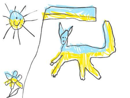 Blue and yellow children drawing with flag of Ukraine, vector illustrationのイラスト素材