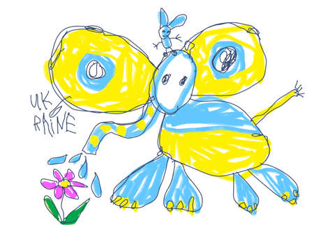 Blue and yellow elephant children drawing in the colors of the Ukrainian flagのイラスト素材