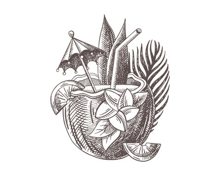 Graphic drawing tropical cocktail in a coconutのイラスト素材