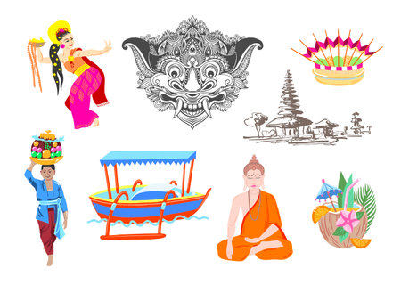 set of balinese symbols of bali island, vector illustrationのイラスト素材