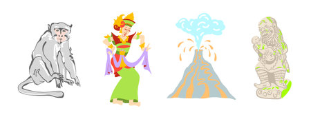 Balinese culture symbols - traditional dance, monkey, Agung volcano and demon sculpture, vector illustrationのイラスト素材