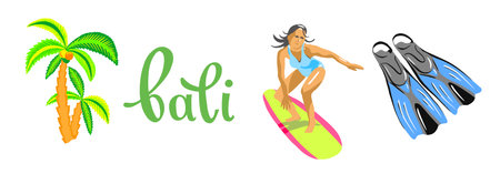 A set of objects of symbols of the island of Bali: flippers, palm tree, surfing and an inscriptionのイラスト素材