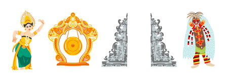 set of bali symbols Balinese dancer, gong, temple gate, vector illustrationのイラスト素材