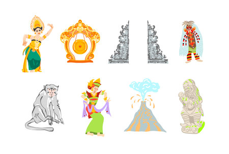 set of symbols Bali Indonesia in flat style, vector illustration collectionのイラスト素材