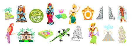 set of Bali Indonesia traditional symbols element, balinese flat design styleのイラスト素材