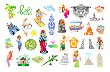 set of Bali Indonesia traditional symbols element, balinese flat design style vector illustrationのイラスト素材