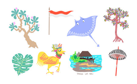 set of indonesian flat design objects, bali symbols vector illustration collectionのイラスト素材
