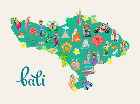 Cute cartoon map of Bali island, Indonesia, flat design vector illustrationのイラスト素材