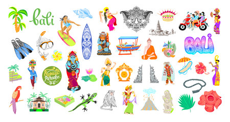 set of 42 elements of Bali, Indonesia travel, traditional Balinese symbolsのイラスト素材