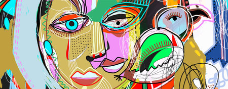 abstraction contemporary art of portrait human face and bird, digital artwork abstract vector illustrationのイラスト素材