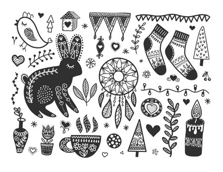 hand drawing Scandinavian doodles elements, norwegian sketchのイラスト素材