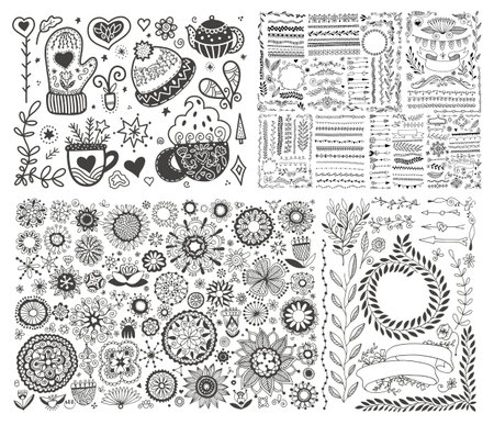 hand drawing Scandinavian doodles elements, norwegian sketchのイラスト素材