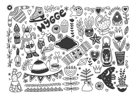 Sketch drawing cozy hygge scandinavian set, doodle vector collectionのイラスト素材