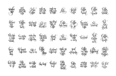 set of 50 hand lettering inscription about coffee time, calligraphy vector illustrationのイラスト素材
