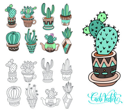 doodle sketch drawing flat style of house plants - flowerpots with cacti, vector illustrationのイラスト素材