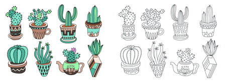 doodle sketch drawing flat style of house plants - flowerpots with cactiのイラスト素材