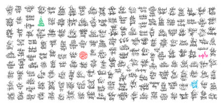 big set of 200 hand lettering inscription about Christmas and Valentine day, winter love and wedding calligraphy quotesのイラスト素材