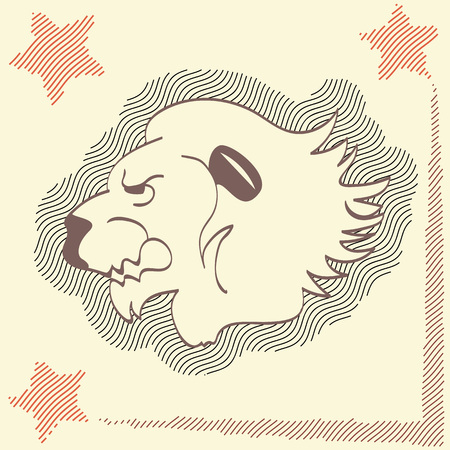 Icon head lion, yellow background with stars. Beautiful predator, king of beasts, different application. Vector illustration.のイラスト素材