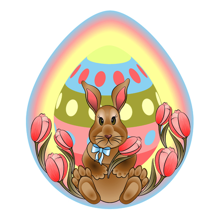 Easter greetings with spring mood, Easter bunny on a background of tulipsのイラスト素材