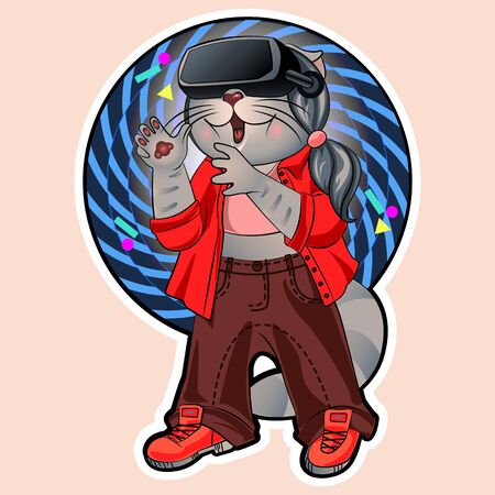 cat plays computer games in virtual space, bright illustrationのイラスト素材