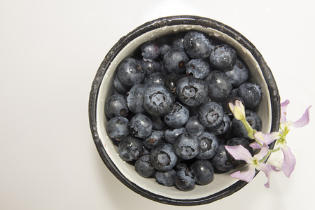 White enameled mug filled with billberries decorated with wild orchidの写真素材